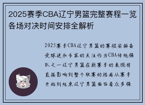 2025赛季CBA辽宁男篮完整赛程一览 各场对决时间安排全解析